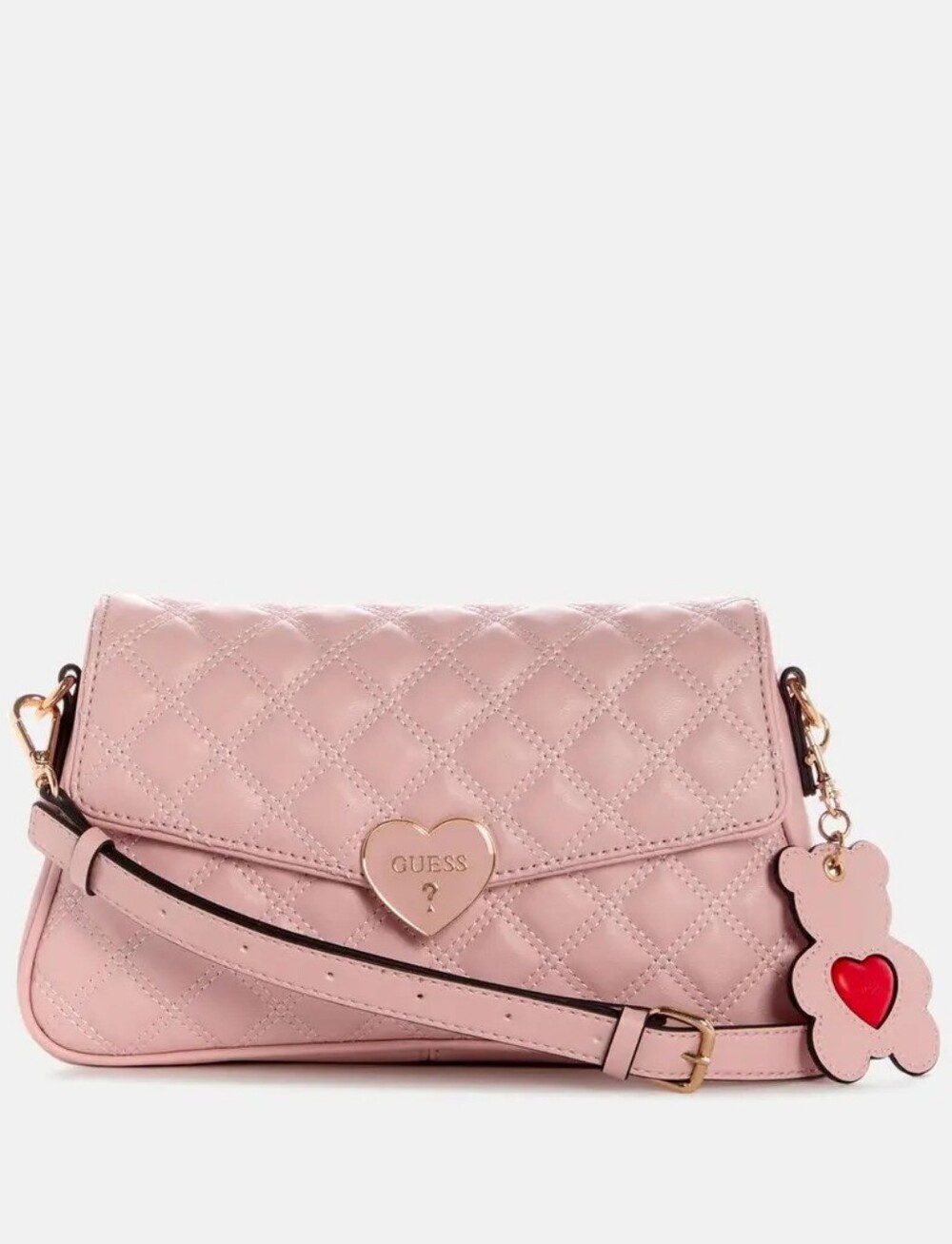GUESS Blush Pink Quilted Crossbody with Heart Lock and Bear Charm